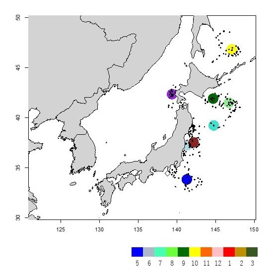 図１．神子元島の繁殖個体に装着したジオロケータから推定された位置